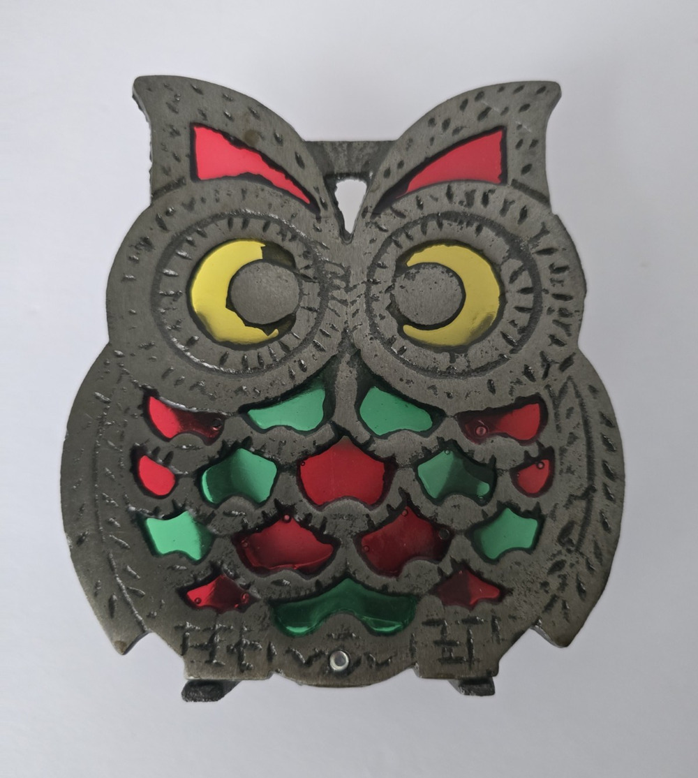 Vintage Cast Iron & Faux Stained Glass Owl Napkin Holder - 1970s MCM Kitsch